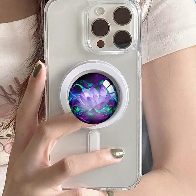 Alt view image 3 of 7 - Clear Glitter Purple Lotus Flower Design Magnetic Type Expandible Collapsible Mobile Phone Grip Cell Phone Stand Holder for Smartphones Cellphone Accessory