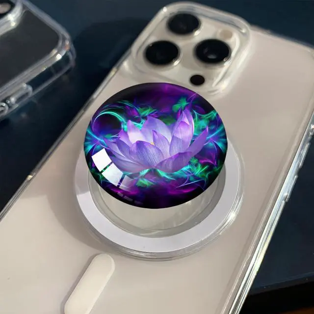 Alt view image 4 of 7 - Clear Glitter Purple Lotus Flower Design Magnetic Type Expandible Collapsible Mobile Phone Grip Cell Phone Stand Holder for Smartphones Cellphone Accessory