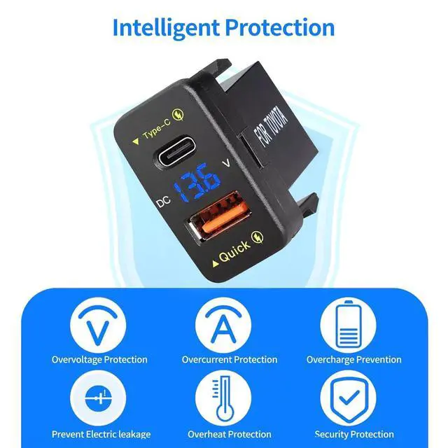 Alt view image 3 of 7 - Car Charger Dual 18W USB PD+QC3.0 Fast Charge for Toyota, Type C USB Car Power Socket with LED Voltmeter Display, Compatible with 12/24V Cars(1.2 * 0.9inch)