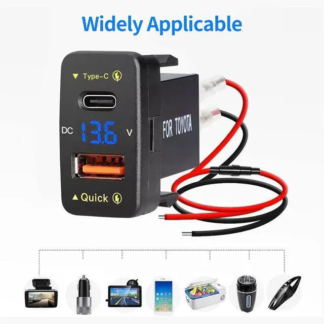 Alt view image 4 of 7 - Car Charger Dual 18W USB PD+QC3.0 Fast Charge for Toyota, Type C USB Car Power Socket with LED Voltmeter Display, Compatible with 12/24V Cars(1.2 * 0.9inch)