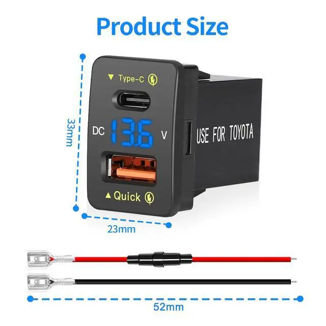 Alt view image 7 of 7 - Car Charger Dual 18W USB PD+QC3.0 Fast Charge for Toyota, Type C USB Car Power Socket with LED Voltmeter Display, Compatible with 12/24V Cars(1.2 * 0.9inch)