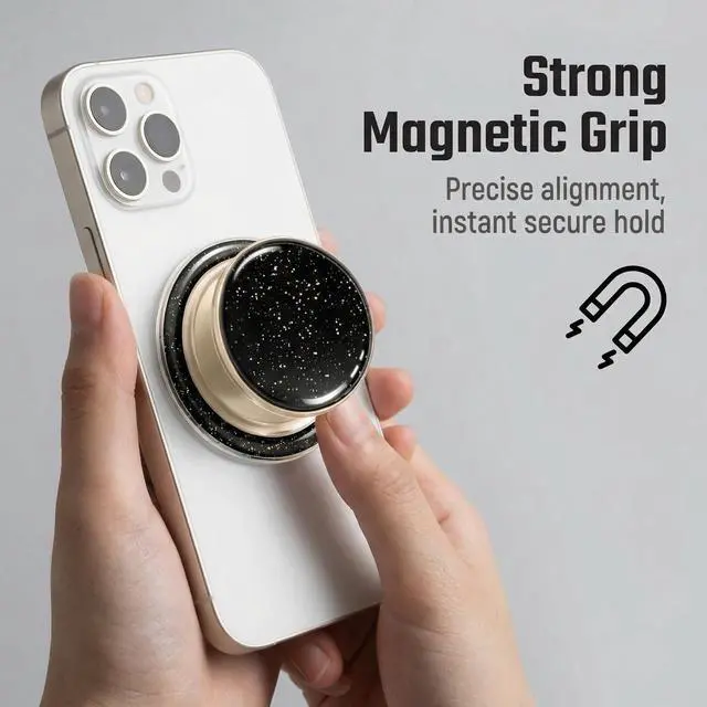 Alt view image 2 of 6 - Magnetic Collapsible Phone Grip Stand, Black Crystal Glitter Expanding Phone Holder Compatible with Most Smartphones and Tablets