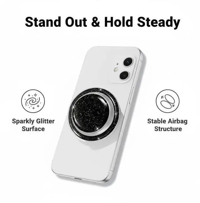 Alt view image 5 of 6 - Magnetic Collapsible Phone Grip Stand, Black Crystal Glitter Expanding Phone Holder Compatible with Most Smartphones and Tablets