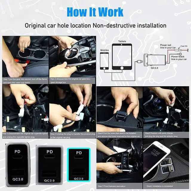 Alt view image 7 of 7 - Toyota QC3.0 USB C VIGO Power Socket, 3.2A Quick Charge Car Charger USB Adapter with Blue LED Output PD for Smartphone/iPad/PDA