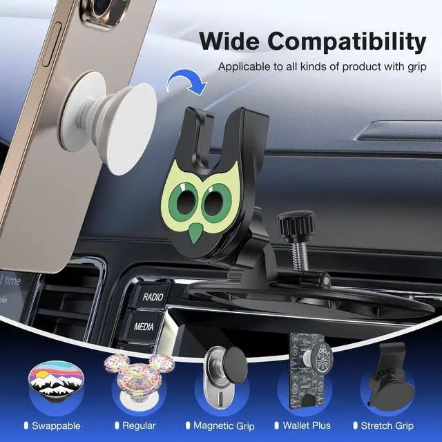 Alt view image 3 of 7 - Car Phone Mount for Socket Grip, 2-in-1 Owl CD Slot and Car Vent Phone Mount Tool-Free Installation, 360°Rotation Car Phone Holder Fit Phone with Socket Grip