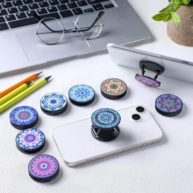 Alt view image 3 of 7 - 9 Pieces Cell Phone Grip Holder Collapsible Holder Colorful Self-Adhesive Finger Ring Sublimation for Smartphone and Tablets(Mandala Pattern)