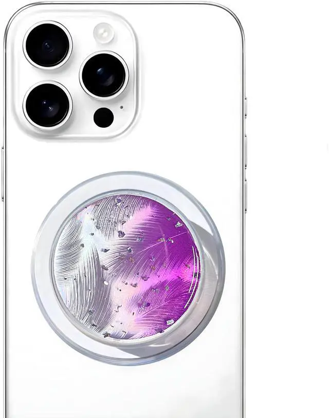 Main image of Magnetic Phone Handle Compatible with Phones, Foldable Phone Grip Stand for Smart Phones, Tablet Computers and Mobile Phone Accessories - Transparent Glitter Resin Powder Feather Purple