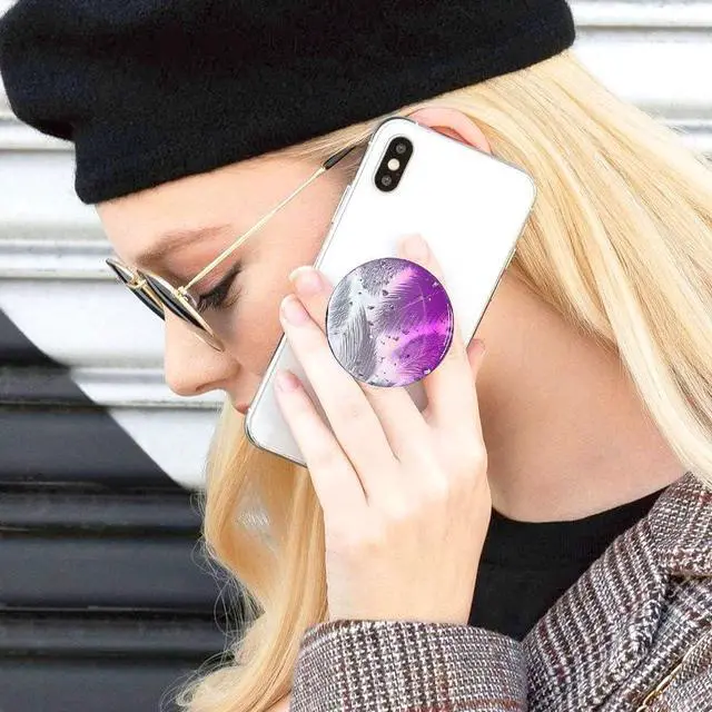 Alt view image 4 of 7 - Magnetic Phone Handle Compatible with Phones, Foldable Phone Grip Stand for Smart Phones, Tablet Computers and Mobile Phone Accessories - Transparent Glitter Resin Powder Feather Purple