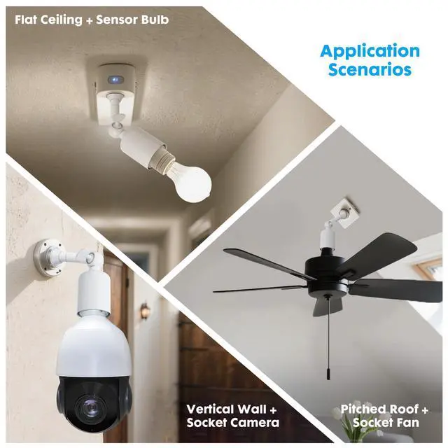Alt view image 4 of 7 - 2-Pack Heavy Duty Light Socket Extender, 360° Adjustable E26/E27 Extension Adapter for High Power Bulbs, Security Cameras & Fans, Outdoor/Indoor (White, 6.7inch)