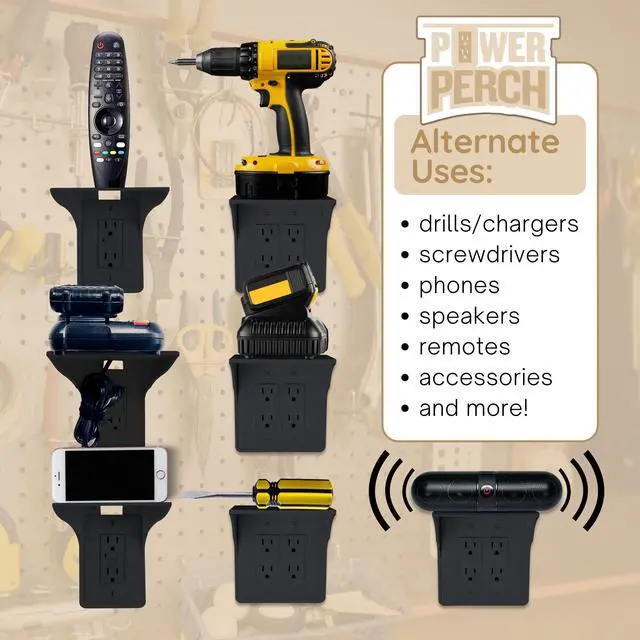 Alt view image 3 of 7 - Power Perch Horizontal Outlet Shelf Organizer for Alexa Echo Dot Speakers, Phone - Wall Outlet Holder with Strap - Socket Shelf Bathroom Kitchen Counter Charging Station - Black 1 Pack