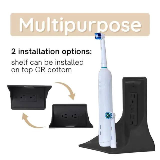 Alt view image 4 of 7 - Power Perch Horizontal Outlet Shelf Organizer for Alexa Echo Dot Speakers, Phone - Wall Outlet Holder with Strap - Socket Shelf Bathroom Kitchen Counter Charging Station - Black 1 Pack