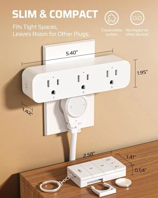 Alt view image 5 of 7 - Remote Control Outlet with 3 Independent Control Sockets, Compact Wireless Remote Outlet Switch Plug, 100FT Range, 15A/1875W, Battery Included, White