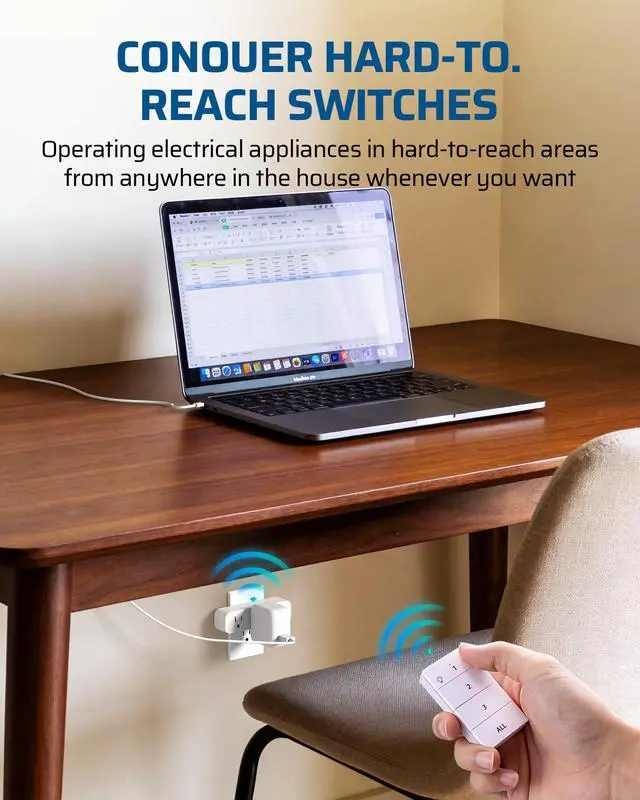 Alt view image 7 of 7 - Remote Control Outlet with 3 Independent Control Sockets, Compact Wireless Remote Outlet Switch Plug, 100FT Range, 15A/1875W, Battery Included, White