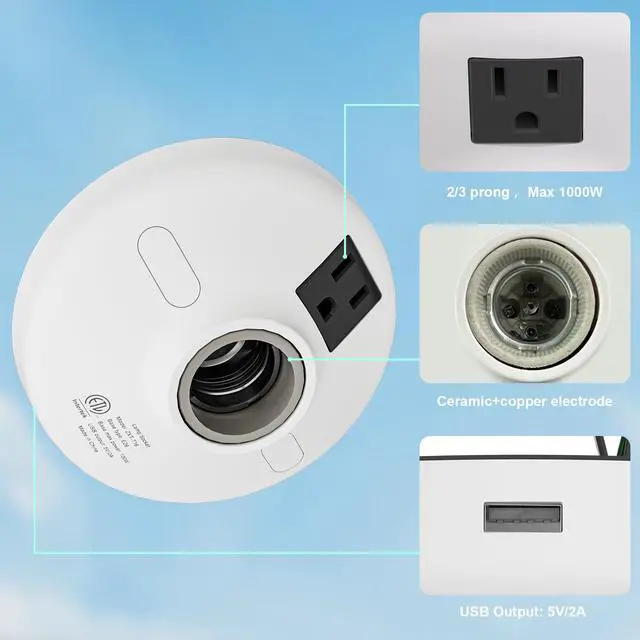 Alt view image 3 of 7 - 3-in-1 Light Socket Adapter with USB (5V/2A) & Outlet - E26/E27 Bulb to Power Outlet Converter, USB Charger Port, 3-Prong US Plug for Cameras, Projectors, Smart Devices