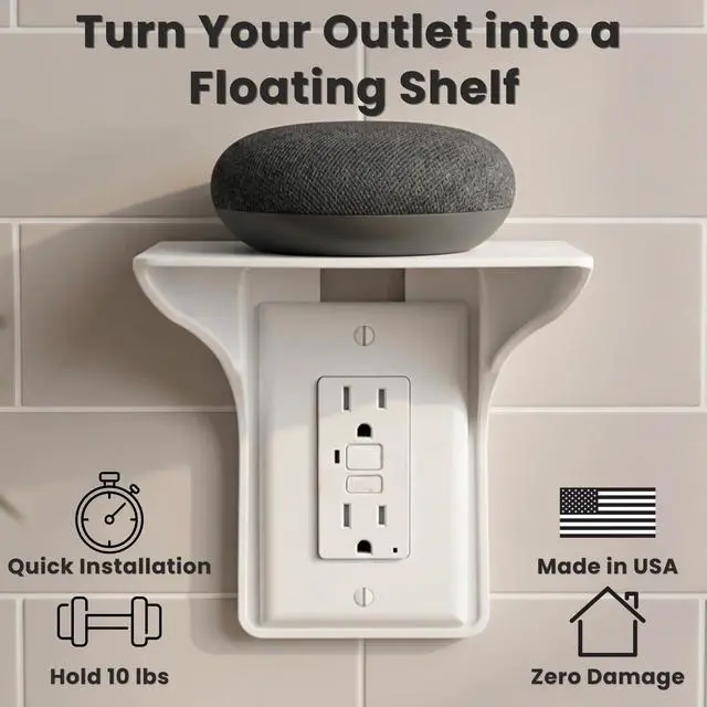 Alt view image 2 of 7 - Power Perch Outlet Shelf w/ Cord Strap - Made in USA, No Drill, Holds 10lb