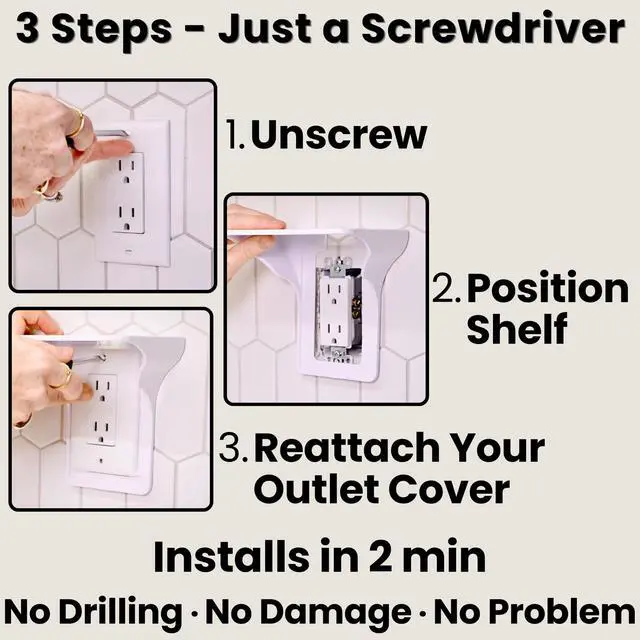 Alt view image 3 of 7 - Power Perch Outlet Shelf w/ Cord Strap - Made in USA, No Drill, Holds 10lb