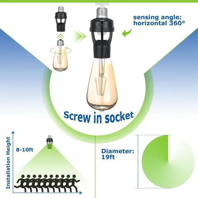 Alt view image 4 of 6 - Pcs Motion Sensor Light Socket Smart Screw in Light Bulb Outlet Compatible with E26/e27 Motion Activated Bulb Holder Adapter Automatic Control for Porch Garage Storage Room (Black)