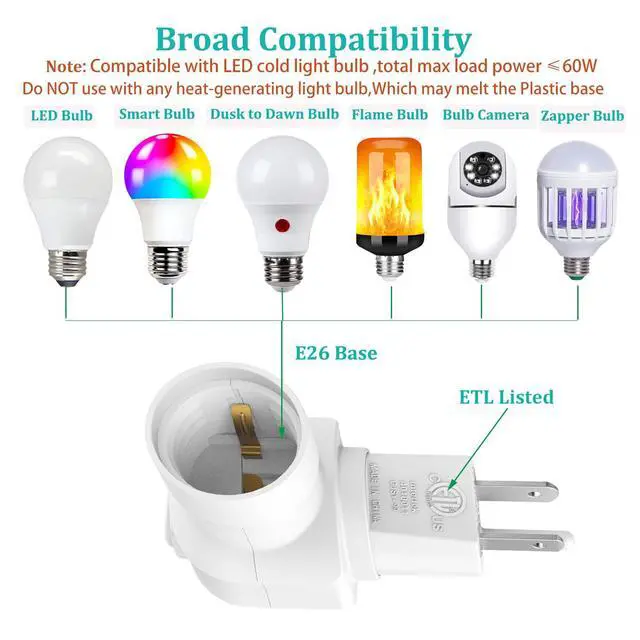 Alt view image 4 of 6 - Plug in Light Socket, Outlet to Socket Adapter, 360° Rotatable Plug with On/Off Switch, ETL Listed, White
