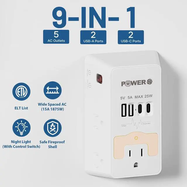 Alt view image 3 of 7 - Snug Multi Plug Wall Outlet with USB Ports (2C2A), Wall Outlet with Night Light, Surge Protector, Wall Plug Adapter for Multiple Devices, Wall Socket Expander