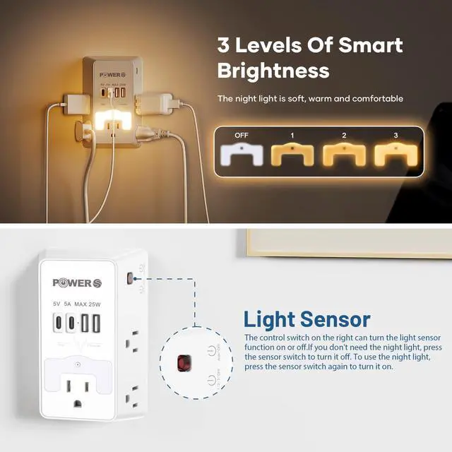Alt view image 4 of 7 - Snug Multi Plug Wall Outlet with USB Ports (2C2A), Wall Outlet with Night Light, Surge Protector, Wall Plug Adapter for Multiple Devices, Wall Socket Expander