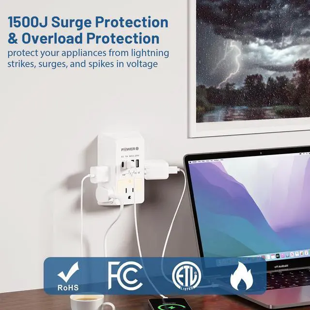 Alt view image 7 of 7 - Snug Multi Plug Wall Outlet with USB Ports (2C2A), Wall Outlet with Night Light, Surge Protector, Wall Plug Adapter for Multiple Devices, Wall Socket Expander