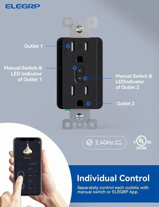 Alt view image 2 of 7 - Smart Plug, Smart in-Wall Outlet Compatible with Alexa and Google Assistant, 2.4GHz Wi-Fi Smart Receptacle with Energy Monitoring, No Hub Required, UL Listed, Black, 1 Pack