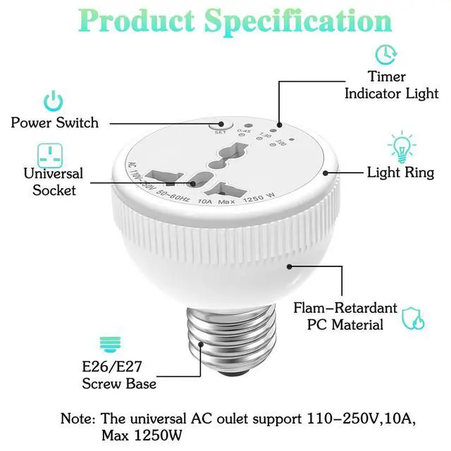 Alt view image 2 of 7 - E26/E27 Light Socket Outlet Adapter with 3 Auto-Off Smart Timer Setting & Night Light,Light Bulb with Plug Outlet for US/EU/UK/in Plugs,Support Power Rating 1250W Max for Bedroom, Hallway or Bathroom