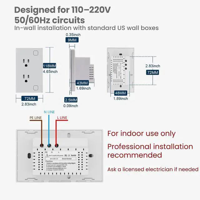 Alt view image 6 of 7 - Smart Wall Outlet 4.65 X 2.83 X 1.69 Inches,Energy Monitoring,Zigbee Wall Socket 110220V,Work with Tuya/Alexa Need Zigbee Hub,Tempered Glass Panel,White