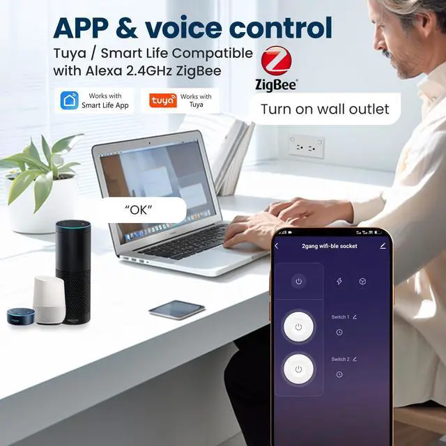 Alt view image 7 of 7 - Smart Wall Outlet 4.65 X 2.83 X 1.69 Inches,Energy Monitoring,Zigbee Wall Socket 110220V,Work with Tuya/Alexa Need Zigbee Hub,Tempered Glass Panel,White
