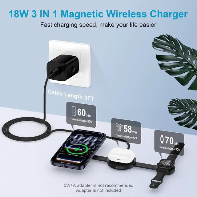 Alt view image 2 of 7 - 18W Fast Wireless Charging Station MagSafe Charger Stand for iPhone 17e 17 Air 16 15 14 13 Pro Max iWatch 10/9/8/7/6/5/4/3/2/SE/Ultra 2 AirPods 4/3/2/Pro, Foldable 3 in 1 Magnetic Wireless Charger Pad