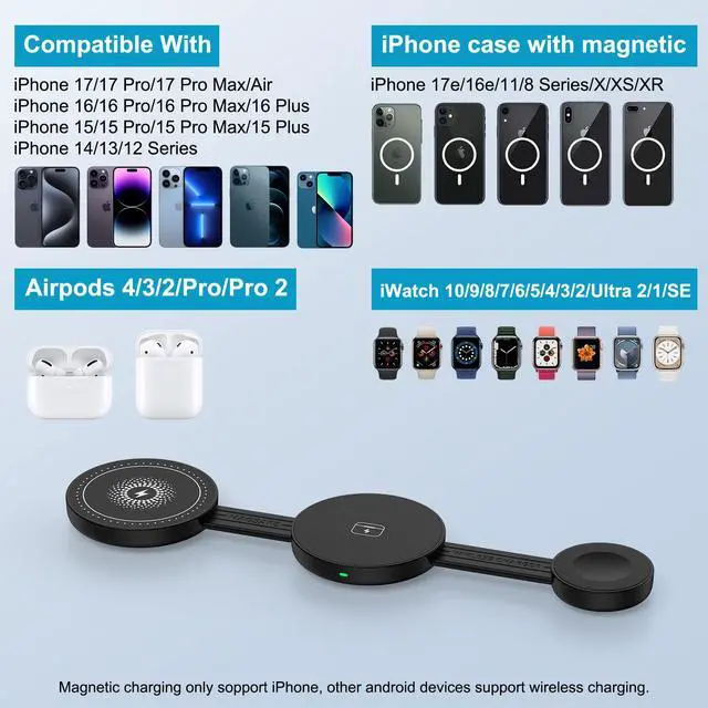 Alt view image 3 of 7 - 18W Fast Wireless Charging Station MagSafe Charger Stand for iPhone 17e 17 Air 16 15 14 13 Pro Max iWatch 10/9/8/7/6/5/4/3/2/SE/Ultra 2 AirPods 4/3/2/Pro, Foldable 3 in 1 Magnetic Wireless Charger Pad