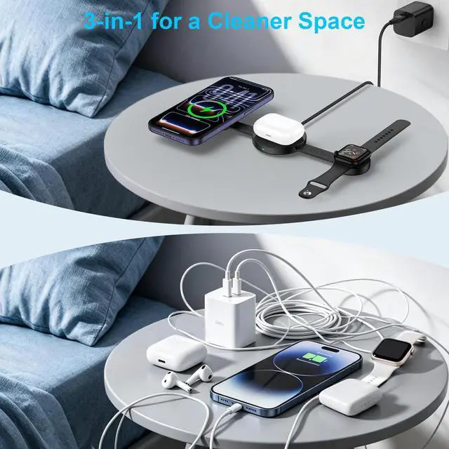 Alt view image 7 of 7 - 18W Fast Wireless Charging Station MagSafe Charger Stand for iPhone 17e 17 Air 16 15 14 13 Pro Max iWatch 10/9/8/7/6/5/4/3/2/SE/Ultra 2 AirPods 4/3/2/Pro, Foldable 3 in 1 Magnetic Wireless Charger Pad