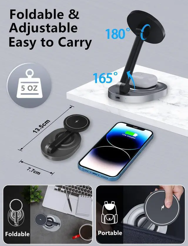 Alt view image 2 of 7 - Magnetic Wireless Charger Stand for Mag-Safe Charger, Foldable 15W Fast Wireless Charging Station, 2-in-1 Charging Stand Dock for Apple iPhone 17/Air/16/15 Pro Max/Apple Watch/AirPods 2/ Pro