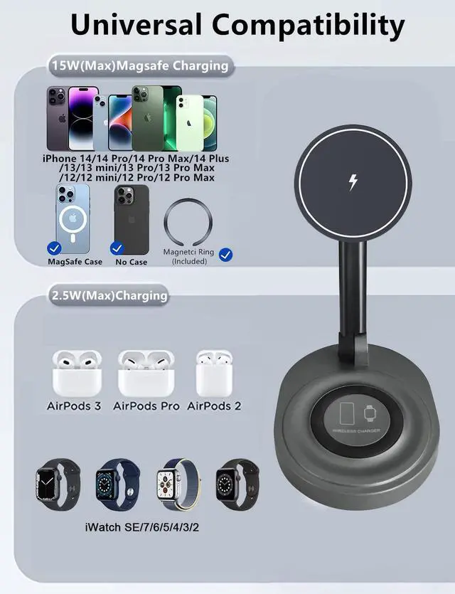 Alt view image 3 of 7 - Magnetic Wireless Charger Stand for Mag-Safe Charger, Foldable 15W Fast Wireless Charging Station, 2-in-1 Charging Stand Dock for Apple iPhone 17/Air/16/15 Pro Max/Apple Watch/AirPods 2/ Pro
