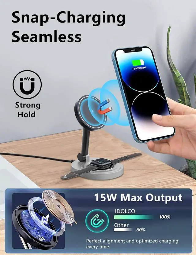 Alt view image 4 of 7 - Magnetic Wireless Charger Stand for Mag-Safe Charger, Foldable 15W Fast Wireless Charging Station, 2-in-1 Charging Stand Dock for Apple iPhone 17/Air/16/15 Pro Max/Apple Watch/AirPods 2/ Pro