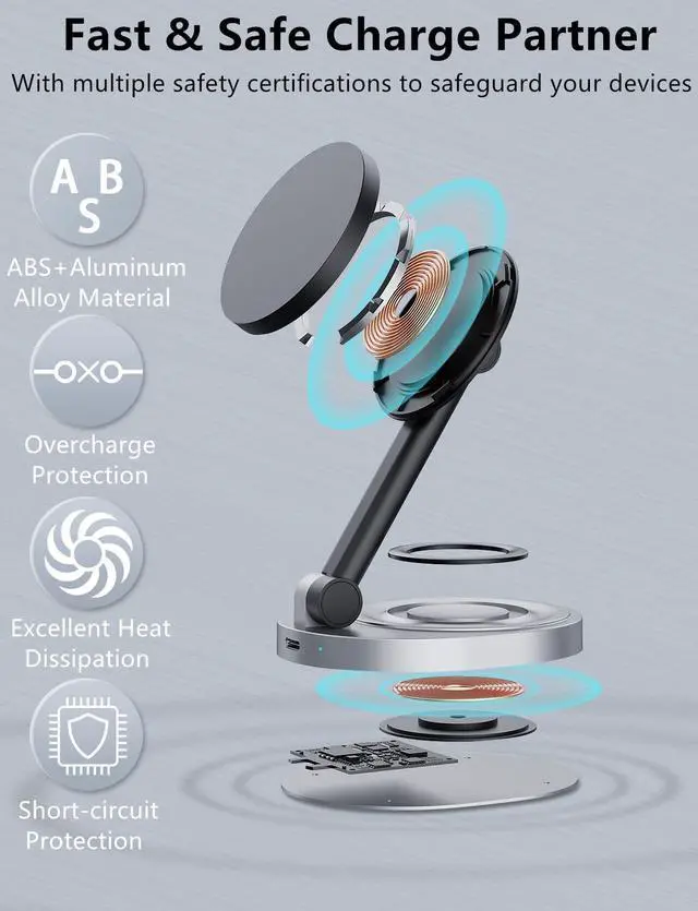 Alt view image 6 of 7 - Magnetic Wireless Charger Stand for Mag-Safe Charger, Foldable 15W Fast Wireless Charging Station, 2-in-1 Charging Stand Dock for Apple iPhone 17/Air/16/15 Pro Max/Apple Watch/AirPods 2/ Pro