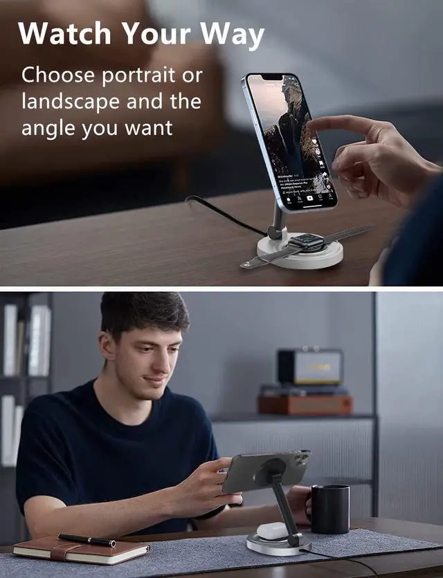 Alt view image 7 of 7 - Magnetic Wireless Charger Stand for Mag-Safe Charger, Foldable 15W Fast Wireless Charging Station, 2-in-1 Charging Stand Dock for Apple iPhone 17/Air/16/15 Pro Max/Apple Watch/AirPods 2/ Pro