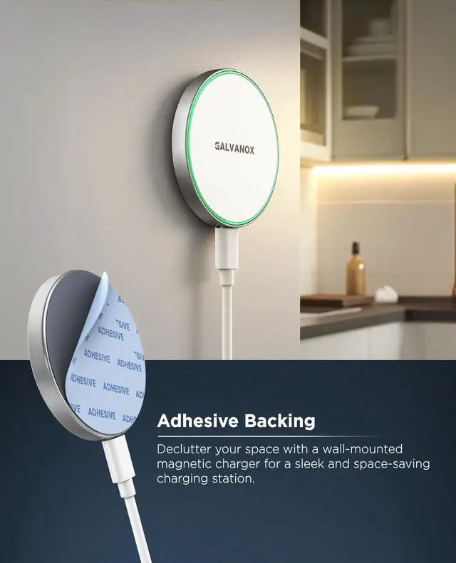 Alt view image 6 of 7 - Compatible with MagSafe Wall Mounted Magnetic Wireless Charger (15W) Fast Charging, Stick-on Adhesive Design with Long Removable USB-C Cable (10Ft) White