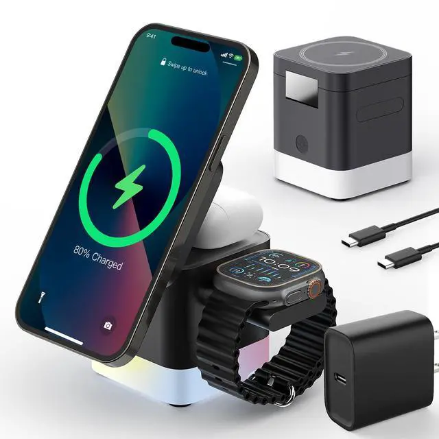 Main image of 3 in 1 Cube Wireless Charger, Foldable Charger Stand, 15W Fast Wireless Charging Station for iPhone 15/14/13/12 Series, Apple Watch, AirPods (Black)
