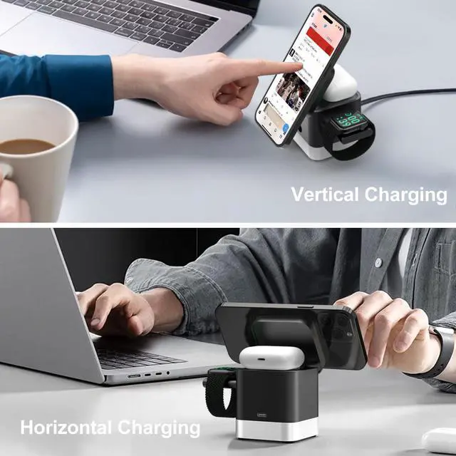Alt view image 2 of 7 - 3 in 1 Cube Wireless Charger, Foldable Charger Stand, 15W Fast Wireless Charging Station for iPhone 15/14/13/12 Series, Apple Watch, AirPods (Black)
