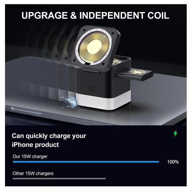 Alt view image 3 of 7 - 3 in 1 Cube Wireless Charger, Foldable Charger Stand, 15W Fast Wireless Charging Station for iPhone 15/14/13/12 Series, Apple Watch, AirPods (Black)