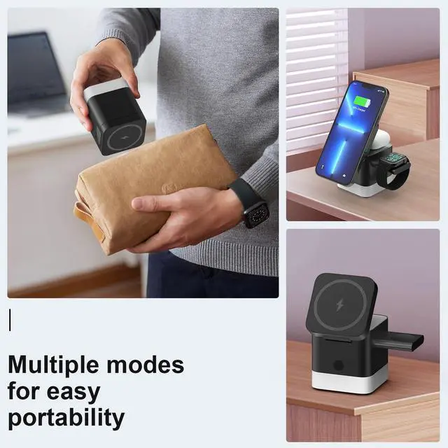 Alt view image 4 of 7 - 3 in 1 Cube Wireless Charger, Foldable Charger Stand, 15W Fast Wireless Charging Station for iPhone 15/14/13/12 Series, Apple Watch, AirPods (Black)