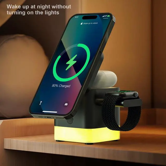 Alt view image 5 of 7 - 3 in 1 Cube Wireless Charger, Foldable Charger Stand, 15W Fast Wireless Charging Station for iPhone 15/14/13/12 Series, Apple Watch, AirPods (Black)
