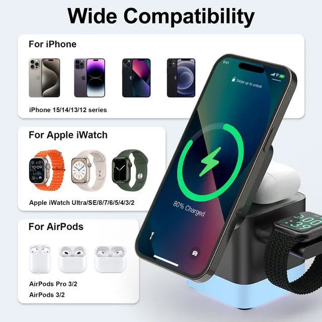 Alt view image 6 of 7 - 3 in 1 Cube Wireless Charger, Foldable Charger Stand, 15W Fast Wireless Charging Station for iPhone 15/14/13/12 Series, Apple Watch, AirPods (Black)