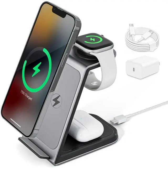 Main image of Wireless Cell Phone Charger Station 3 in 1, Magnetic Wireless Fast Charger Dock Stand for iPhone, Apple Watch, AirPods Pro, 15W USB-C iPhone Charger, Black20W Adapter