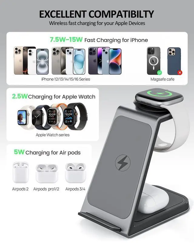 Alt view image 2 of 7 - Wireless Cell Phone Charger Station 3 in 1, Magnetic Wireless Fast Charger Dock Stand for iPhone, Apple Watch, AirPods Pro, 15W USB-C iPhone Charger, Black20W Adapter