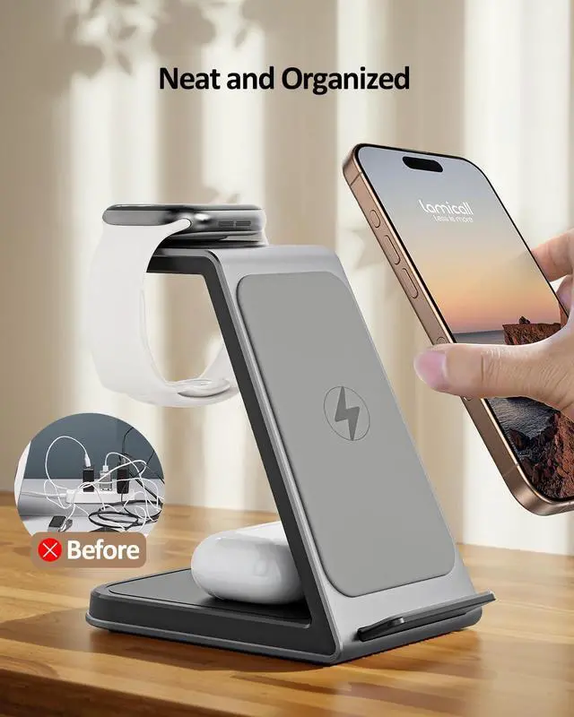 Alt view image 4 of 7 - Wireless Cell Phone Charger Station 3 in 1, Magnetic Wireless Fast Charger Dock Stand for iPhone, Apple Watch, AirPods Pro, 15W USB-C iPhone Charger, Black20W Adapter