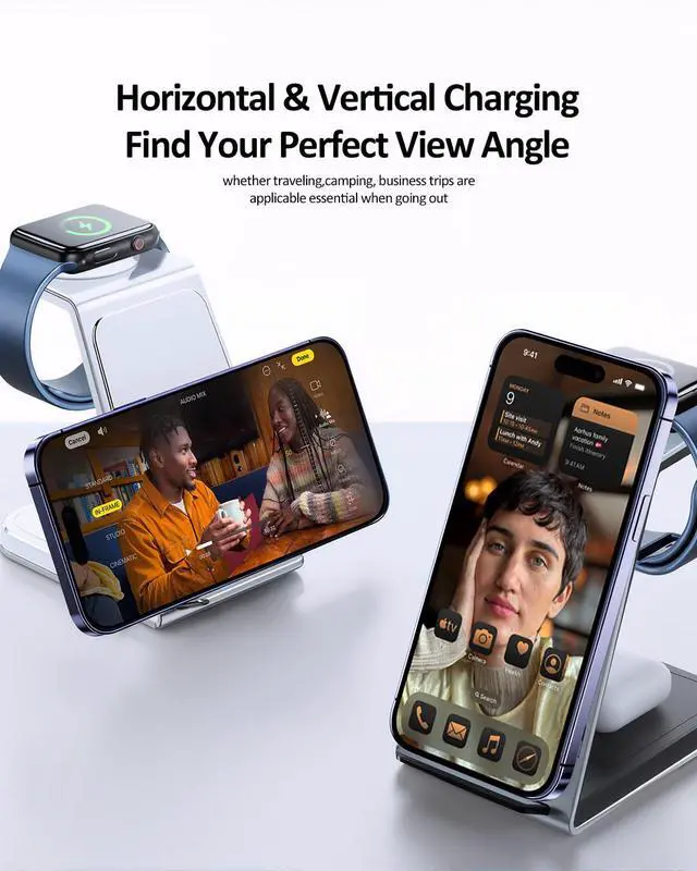 Alt view image 3 of 7 - Wireless Cell Phone Charger Station 3 in 1, Magnetic Wireless Fast Charger Dock Stand for iPhone, Apple Watch, AirPods Pro, 15W USB-C iPhone Charger, Black20W Adapter