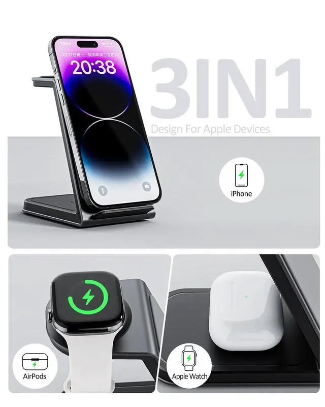 Alt view image 6 of 7 - Wireless Cell Phone Charger Station 3 in 1, Magnetic Wireless Fast Charger Dock Stand for iPhone, Apple Watch, AirPods Pro, 15W USB-C iPhone Charger, Black20W Adapter
