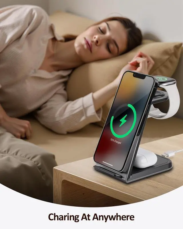 Alt view image 7 of 7 - Wireless Cell Phone Charger Station 3 in 1, Magnetic Wireless Fast Charger Dock Stand for iPhone, Apple Watch, AirPods Pro, 15W USB-C iPhone Charger, Black20W Adapter